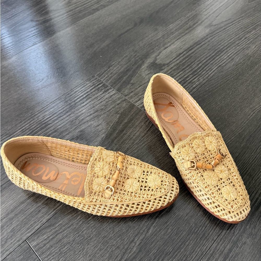 Sam Edelman Beige Woven Loafers with Gold-Tone Bit